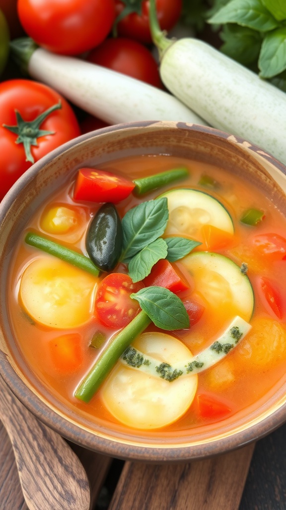 A bowl of summer vegetable soup with zucchini, tomatoes, and green beans, garnished with basil garlic pistou, on a rustic table.